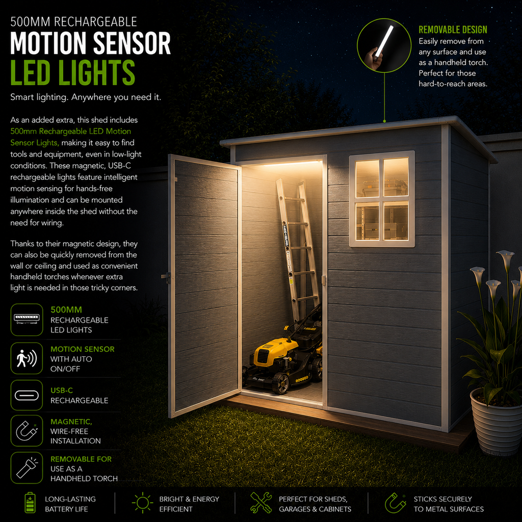 Modern & Durable Weather-Proof Storage Shed with Motion Sensing Lights | 0.9m x 1.5m (3ft x 5ft)