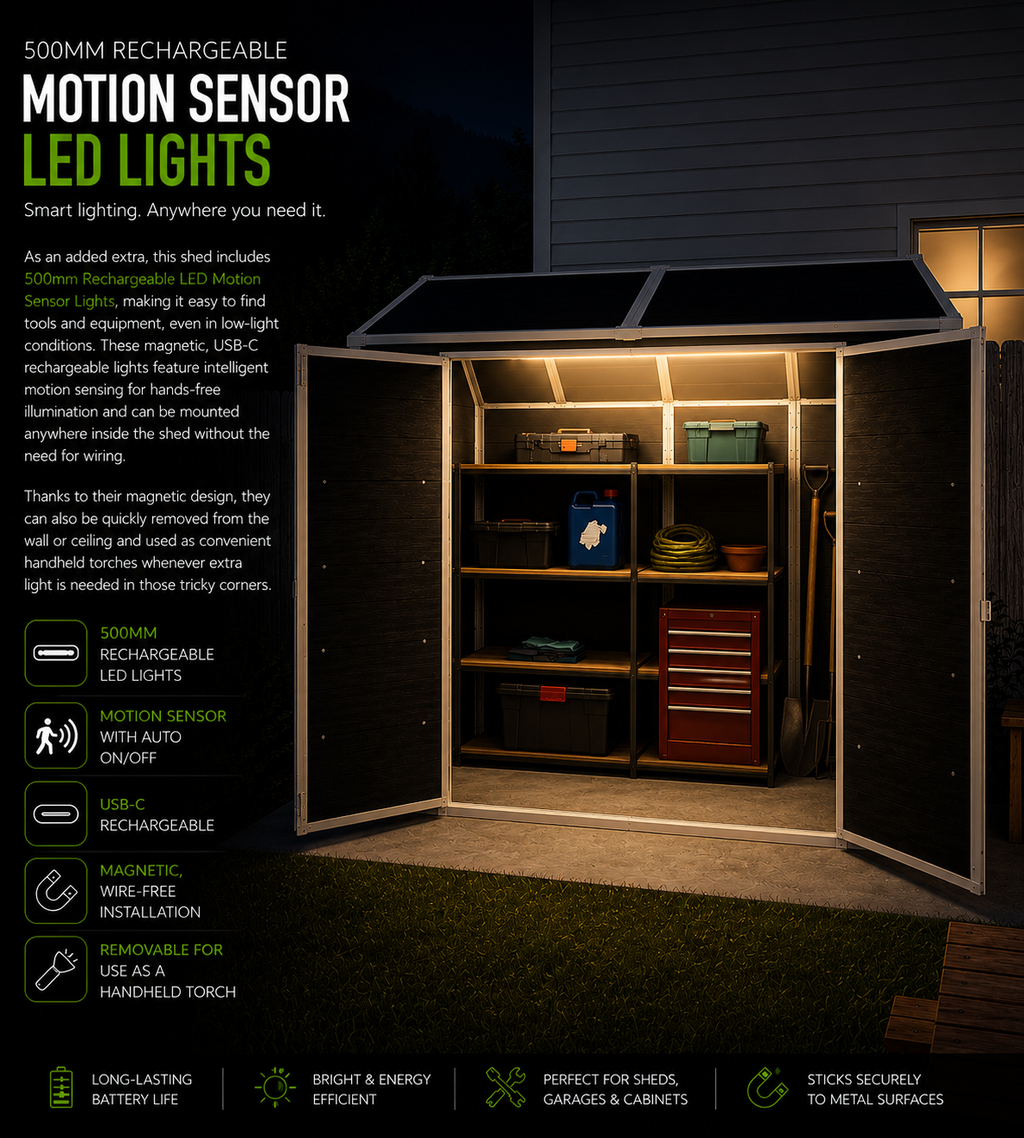 Modern & Durable Weather-Proof Storage Shed with Motion Sensing Lights | 1,8m x 2,4m (6ft x 8ft)