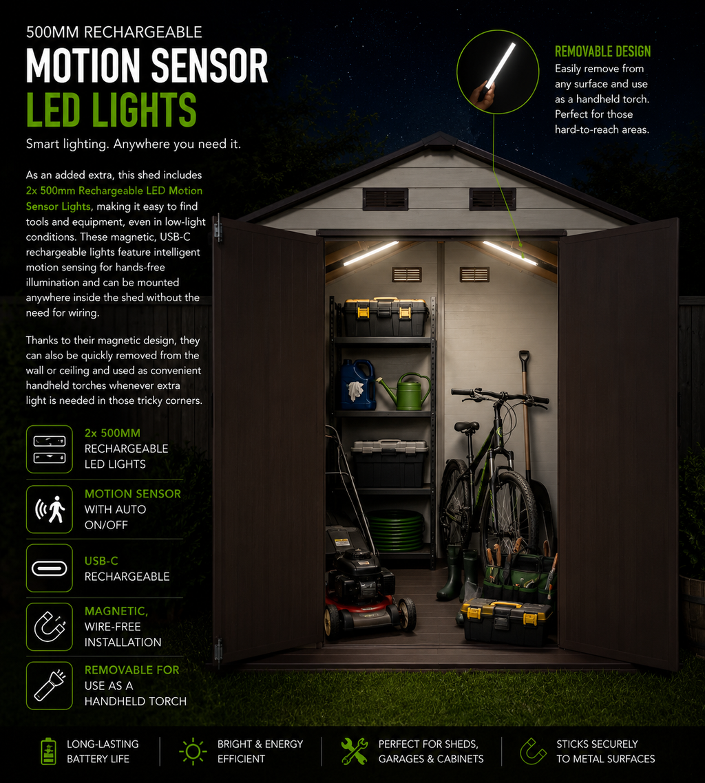 Modern & Durable Weather-Proof Storage Shed with Motion Sensing Lights | 2,4m x 2.4m (8ft x 8ft)
