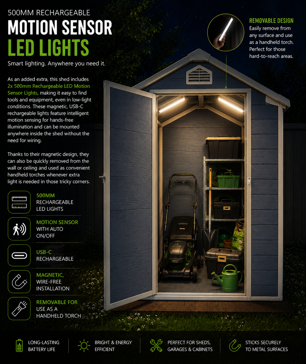 Modern & Durable Resin Weather Proof Storage Shed with Motion Sensing Lights | 1.2m x 1.8m | Savvy Sheds