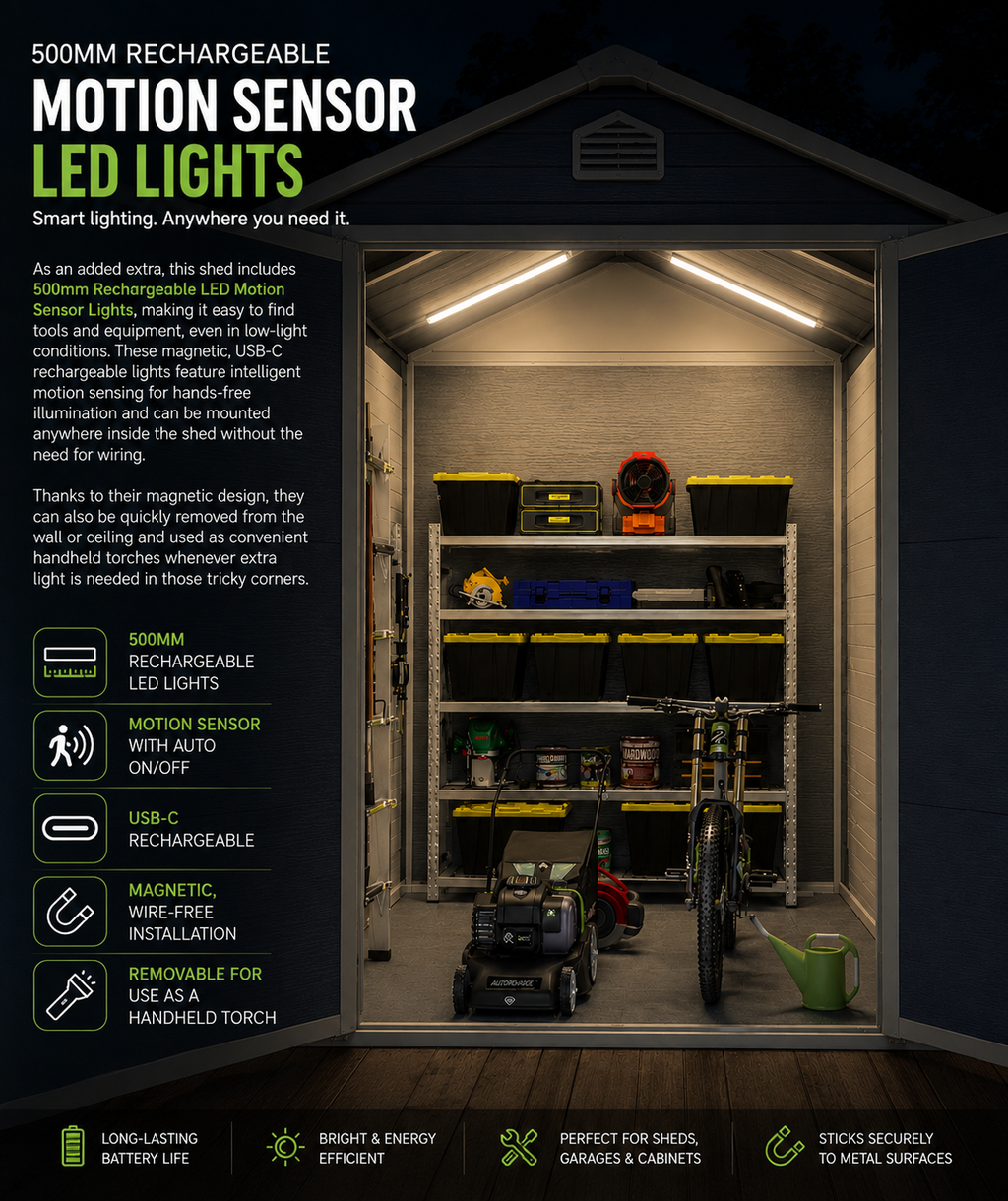Modern & Durable Resin Weather Proof Storage Shed with Motion Sensing Lights | 1.8m x 2.4m | Savvy Sheds