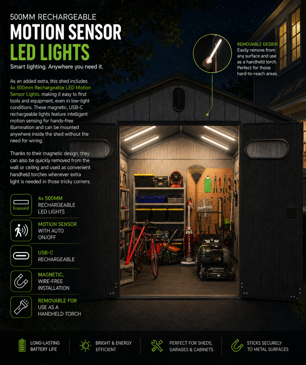 Modern & Durable Resin Weather Proof Storage Shed with Motion Sensing Lights | 2.4 x 3m | Savvy Sheds