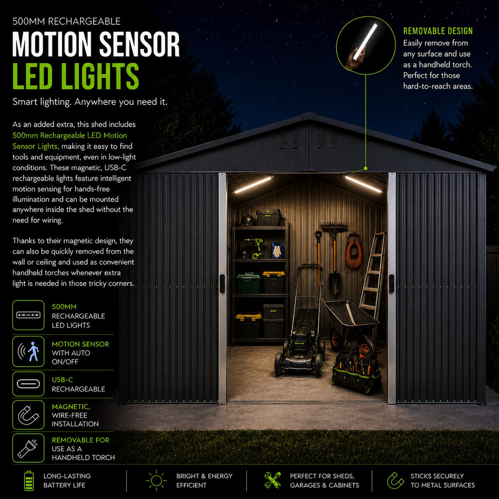 Outdoor Metal Storage Shed with Double Doors & Motion Sensing Lights | 3m x 3m | Savvy Sheds