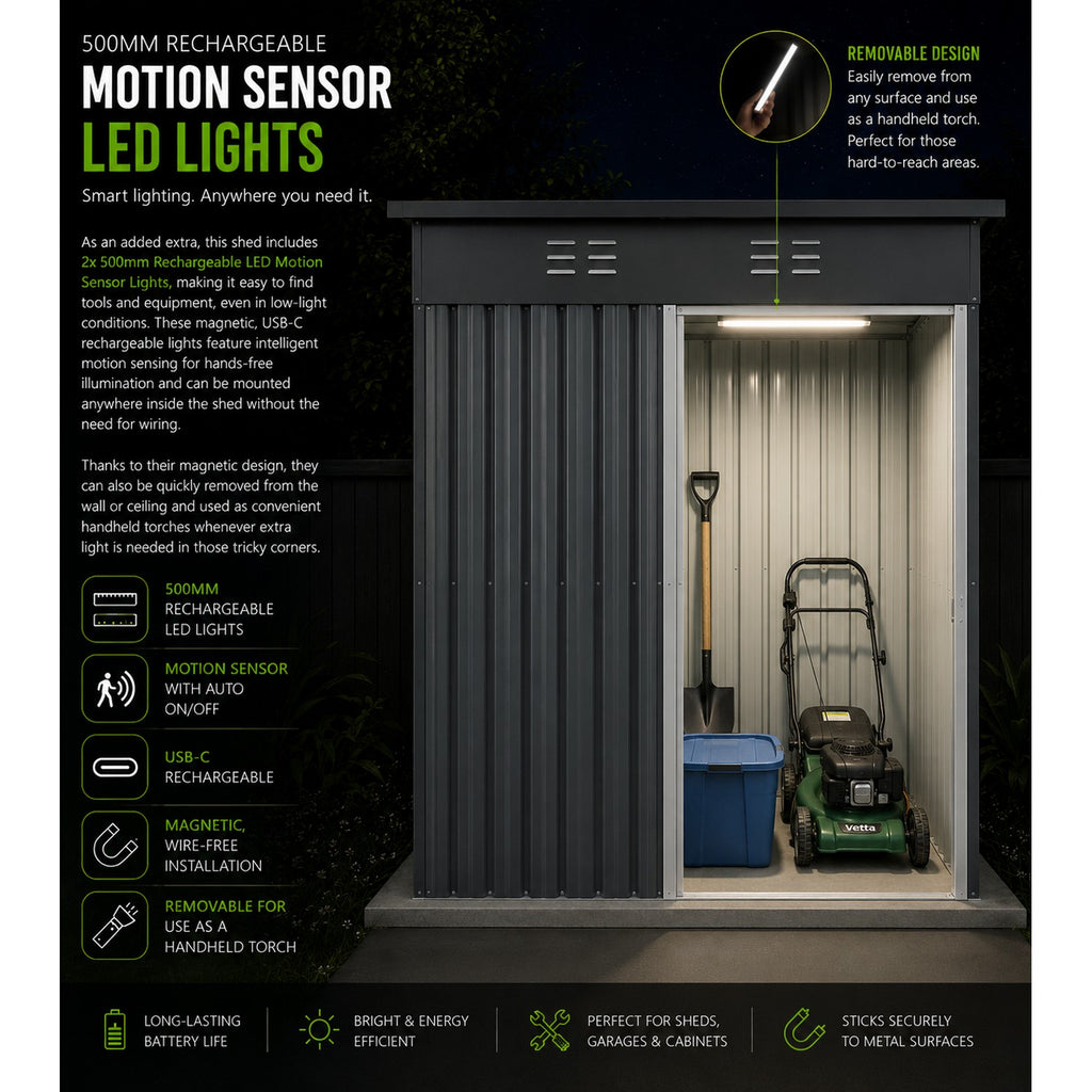 Outdoor Metal Storage Shed with Slope Roof & Motion Sensing Lights | 1,5m x 0,9m | Savvy Sheds