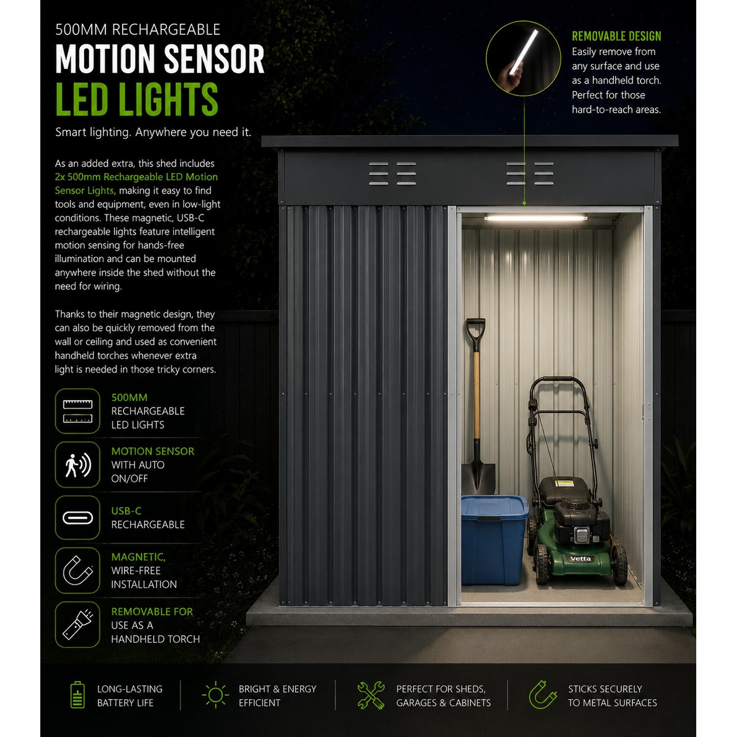 Outdoor Metal Storage Shed with Slope Roof & Motion Sensing Lights | 1,5m x 0,9m | Savvy Sheds