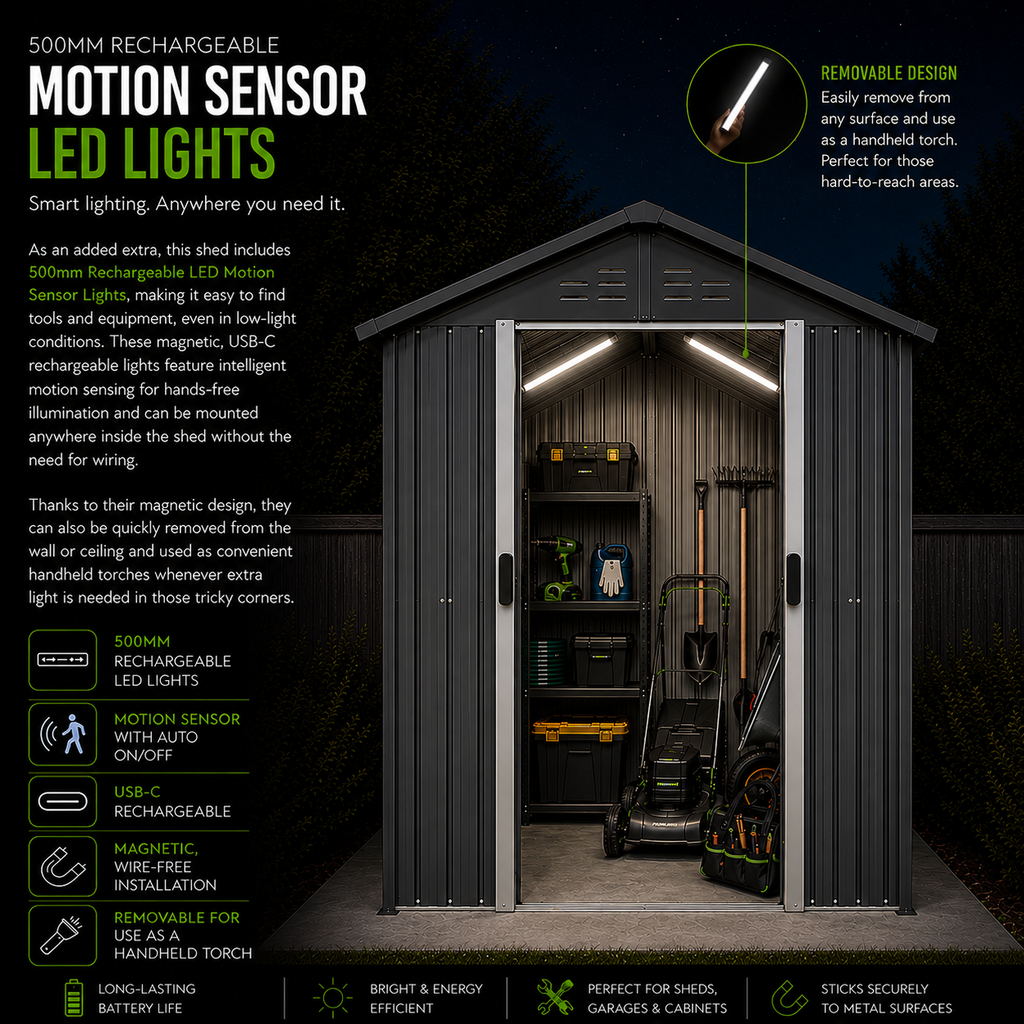 Outdoor Metal Storage Shed with Double Doors & Motion Sensing Lights | 1.8m x 0.95m | Savvy Sheds
